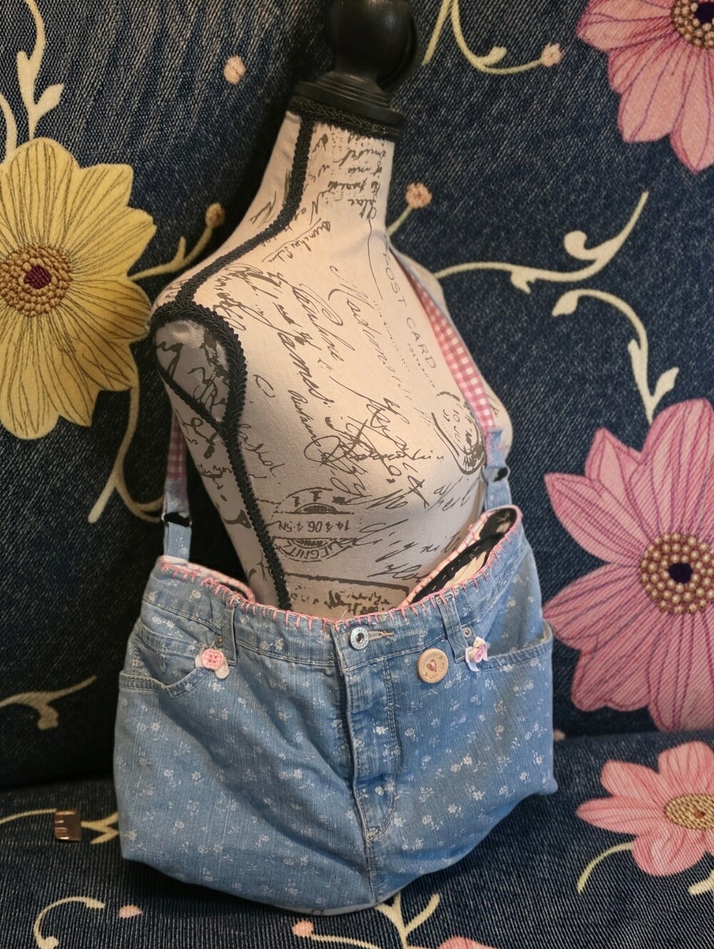 Handmade Y2K Blue Floral Denim Shoulder Bag